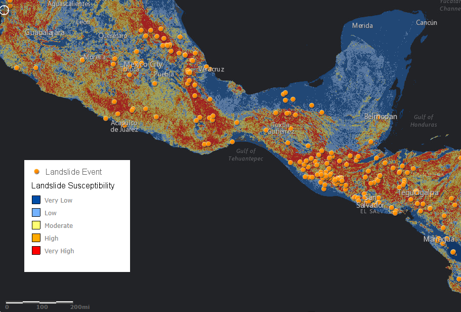 Screenshot of Landslide Viewer with the susceptibility map and landslide points by fatalities visible